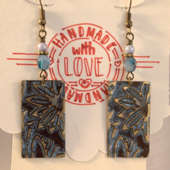 Brass Hand Embossed Earrings Blue Czech Glass Earrings Patina Brass Earrings - Picture 2 of 9